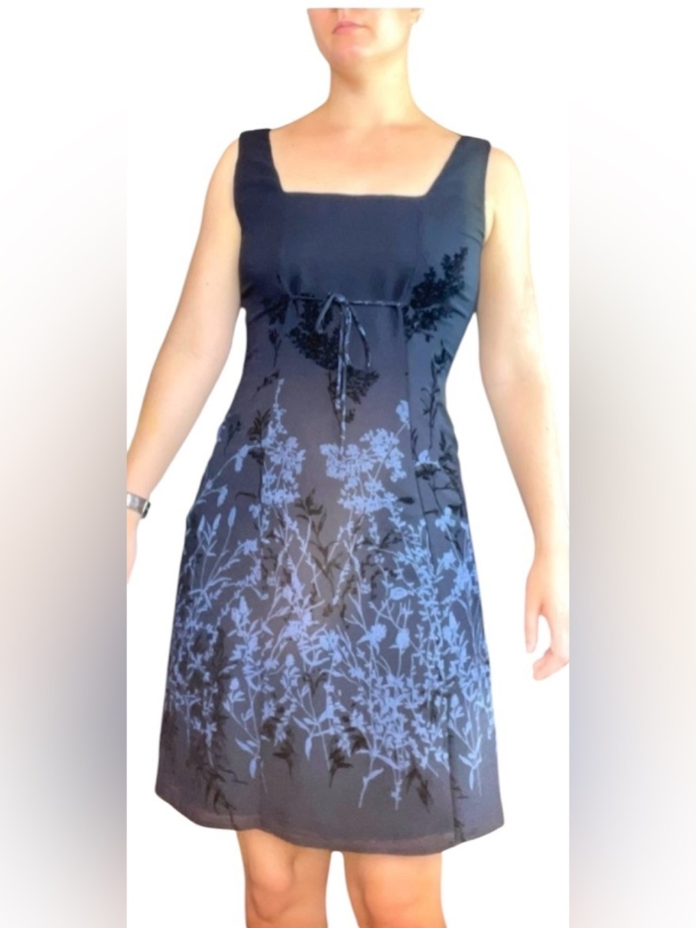 Vintage mini dress tessuto square-neck tie-waist floral sleeveless black 8